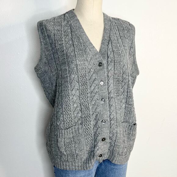 Vintage Gray Cable Knit Sweater Vest V-Neck Button Front Preppy XL - Picture 1 of 8